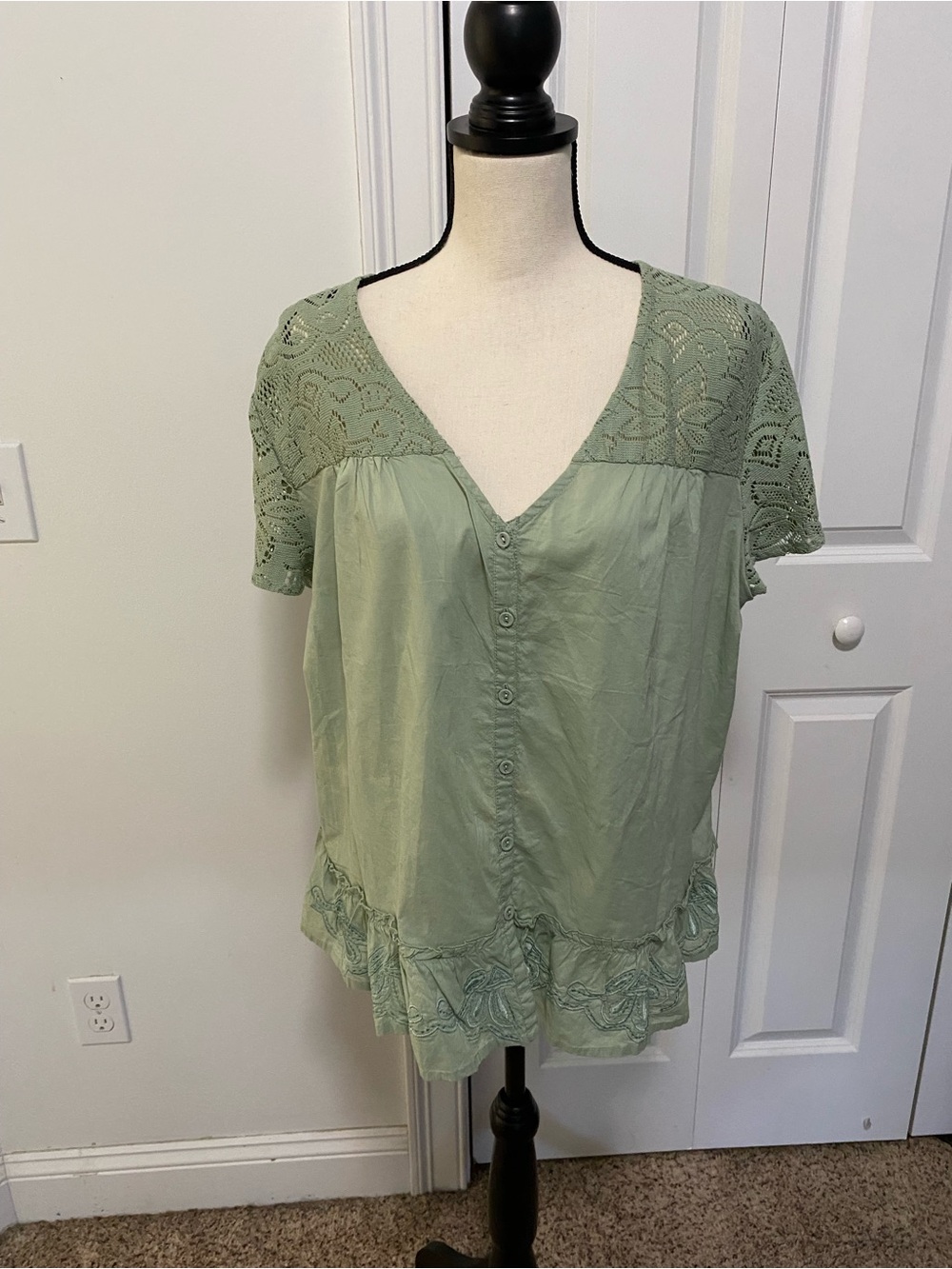 Vintage April Cornell Sage Green Crochet-Trim/Sleeves Button Front Blouse